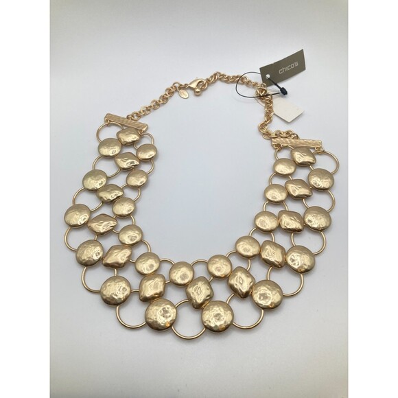 CHICO'S Classic Gold Tone Hammered Circles & Diamonds 16" Bib Statement Necklace - Picture 2 of 6